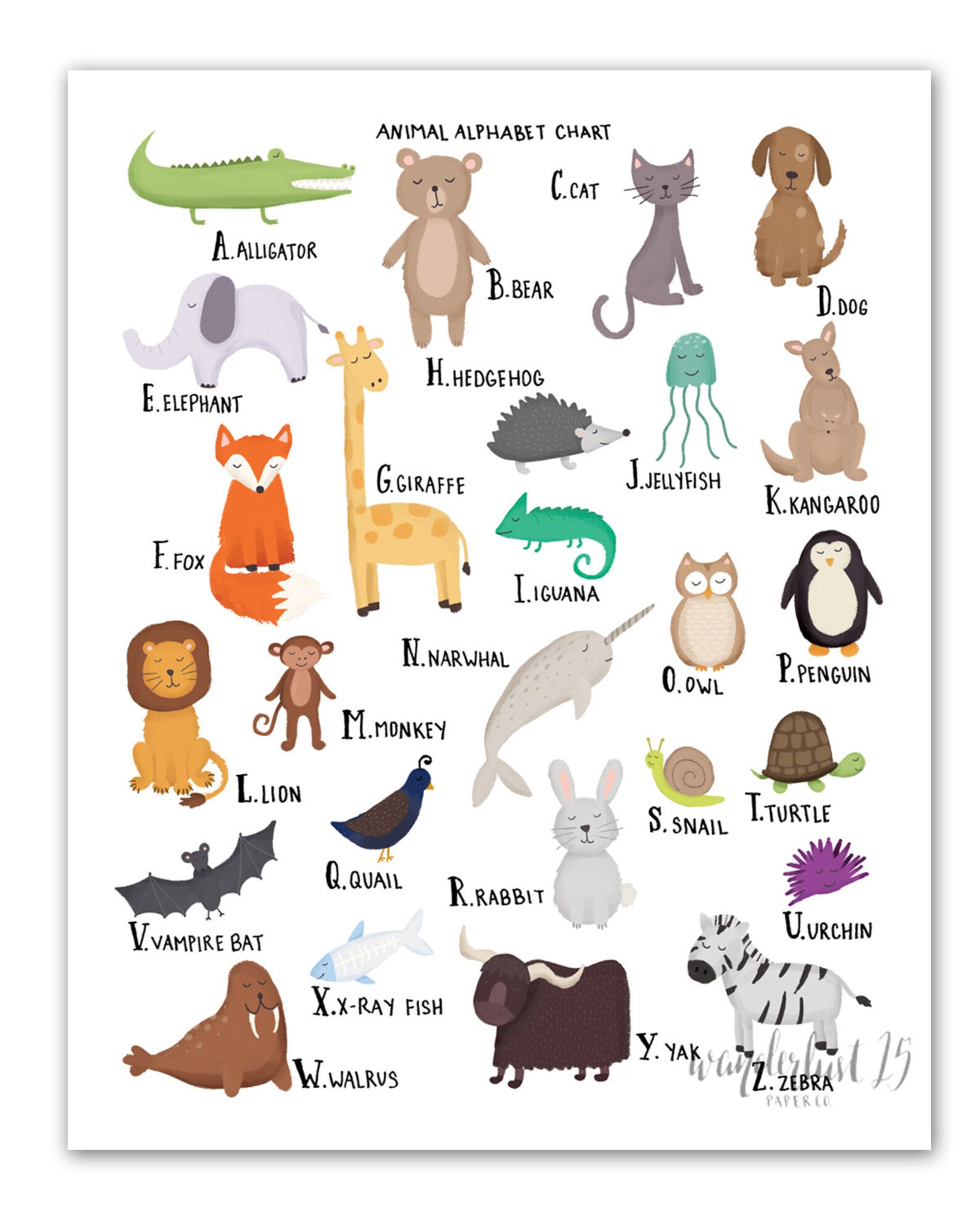 Animal Alphabet Chart AZ Art Print Illustration Etsy