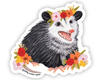 Beautiful Opossum Floral Sticker | Opossum Sticker| Possum Sticker | Possum Lover Sticker | Cute Opossum Sticker  | Funny Opossum