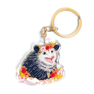 Portachiavi acrilico floreale Opossum / Portachiavi Opossum / Portachiavi fiore / Portachiavi roditore / Portachiavi carino / Portachiavi animale / Regalo