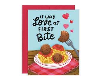 Love At First Bite Valentines Day Card | Food Valentines Card | Cute Valentines Day Card | Foodie Valentine | Spaghetti & Meatballs Card