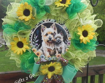 Handmade Cairn Terrier Door Wreath, Vibrant Summer Wreath for Front Door or Cute Wall Hanging featuring Cairn Terrier Dog