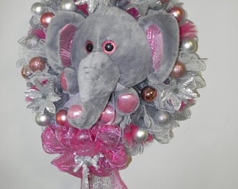 Handmade Pink and Silver Christmas Wreath Plush Elephant  and Jingle Bells