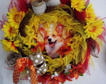 Vibrant Corgi Wreath; Perfect Front Door Wreath, Red and White Corgi nestled among yellow, red, and bronze mesh and flowers