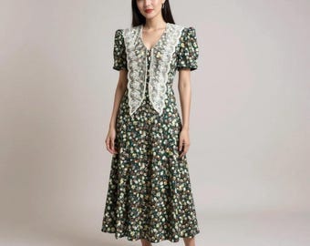 Vintage 1990s Floral Prairie Embroidered Lace Collar Maxi Dress DeadStock
