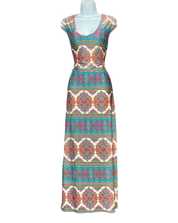Vintage 1990s Striped Paisley Bodycon Maxi Dress Stretch Streetwear Column S/M