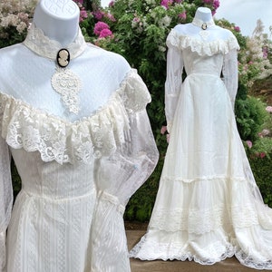 Vintage Gunne Sax Style Victorian Lace Swiss Dot Ruffle Train Wedding Dress zdjęcie 1