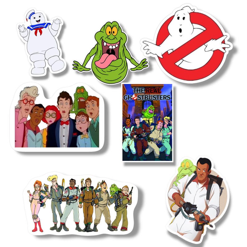 May include: A collection of colorful Ghostbusters stickers featuring characters like the Stay Puft Marshmallow Man, Slimer, and the Ghostbusters logo. Also includes images of the Ghostbusters team and the show's title.