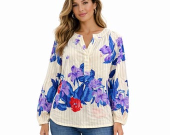 Vintage 1970s Boho Floral  Hippie Sheer Polyester Top Striped Peasant Blouse