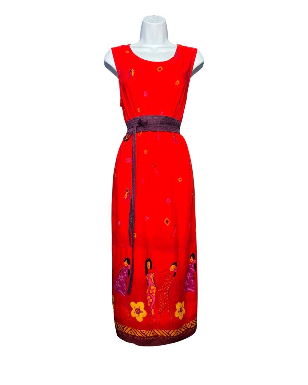 1980s Batik Vintage Red Dress Novelty Print R & K Originals 1980s Batik Vintage Red Dress Novelty Print R & K Originals