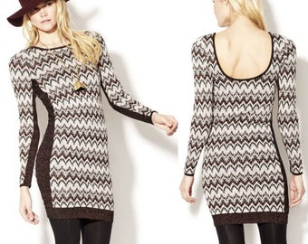 Free People BodyCon Chevron Knit Xs Sweater Dress Cozy Cabin Metallic Low Back