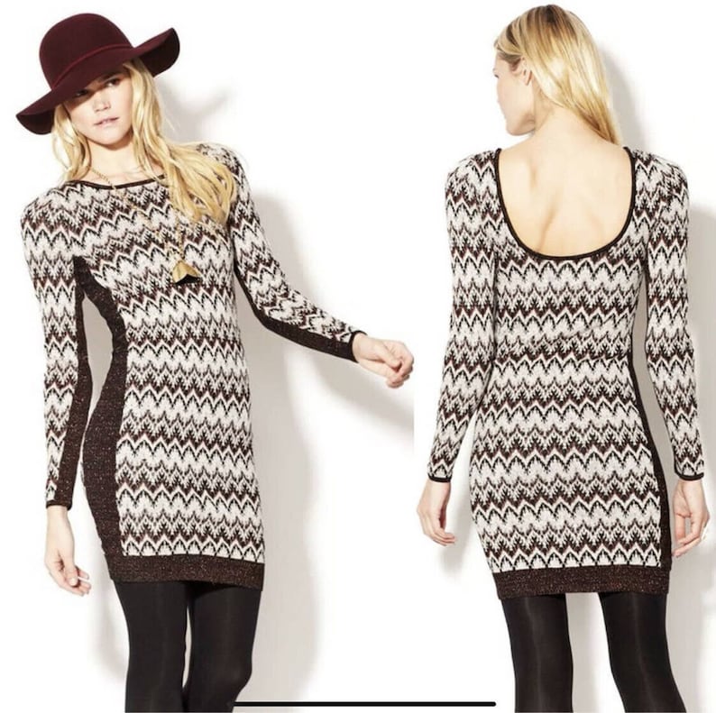 Free People BodyCon Chevron Knit Xs Sweater Dress Cozy Cabin Metallic Low Back image 1