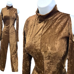 Vintage 1980s marrón triturado terciopelo catsuit Glam hombro frío mono