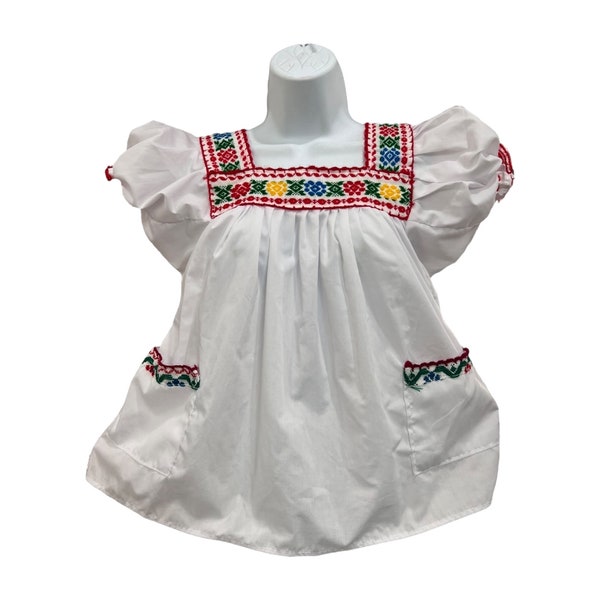Vintage 1970s Puff Sleeve Cross Stitch Embroidered Mexican Peasant Blouse