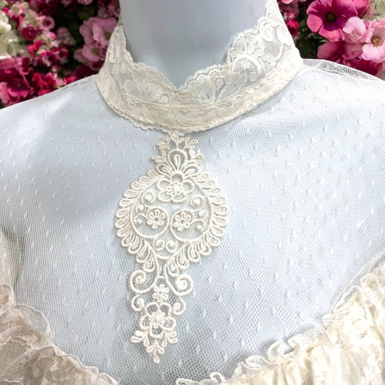 Vintage Gunne Sax Style Victorian Lace Swiss Dot Ruffle Train Wedding Dress zdjęcie 2