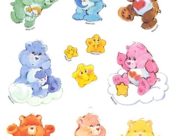 Vintage Retro Care Bears Sticker Sheet Glossy Water Reproduction