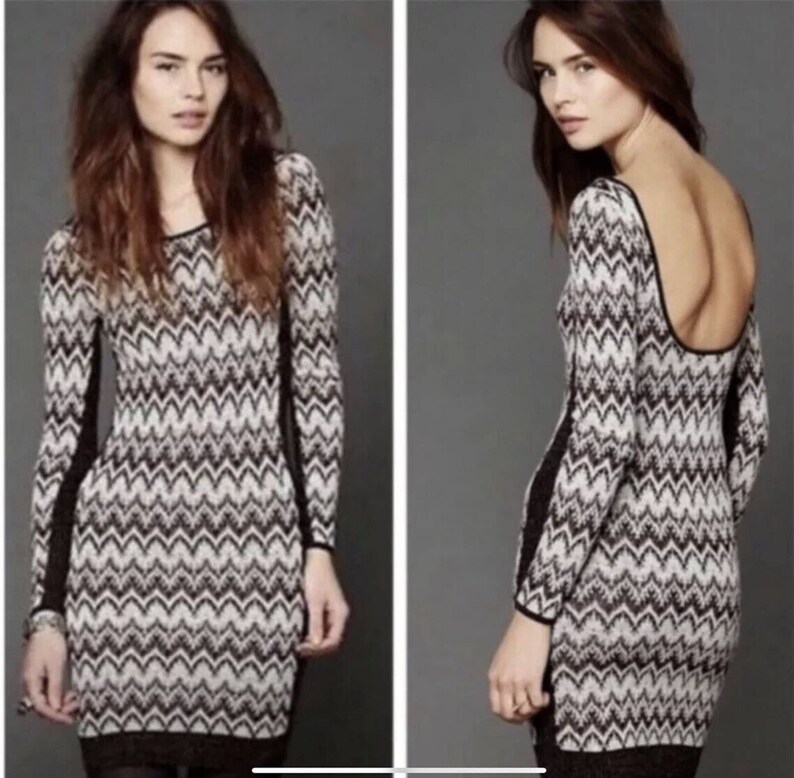 Free People BodyCon Chevron Knit Xs Sweater Dress Cozy Cabin Metallic Low Back image 3