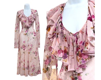 Vintage 1990s Gruge Pink Ruffle Coquette Floral Silk Chiffon Bias Cut Dress