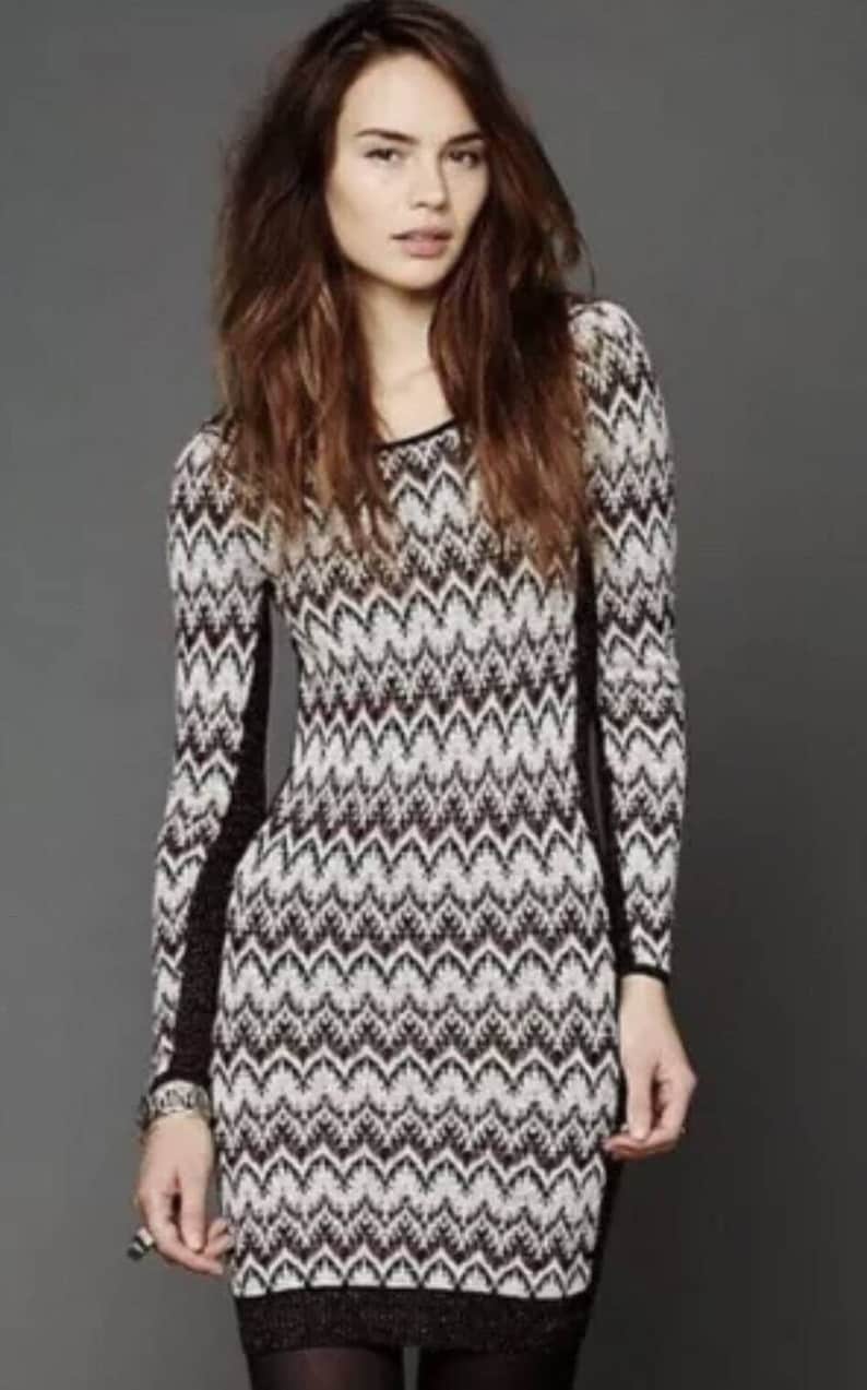 Free People BodyCon Chevron Knit Xs Sweater Dress Cozy Cabin Metallic Low Back image 8