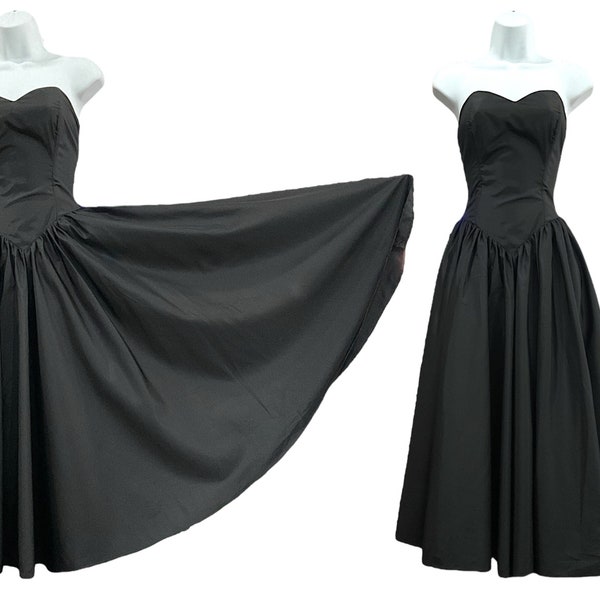 vintage 1950s Style Retro Strapless Fit Flare Taffeta Black 1980s Dress