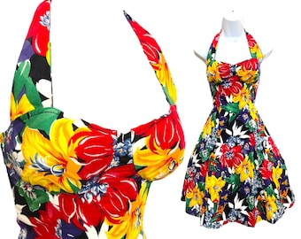 Vintage Floral Halter Cotton Sundress Pinup 1980s does 1950s Rockabilly Prom Dress
