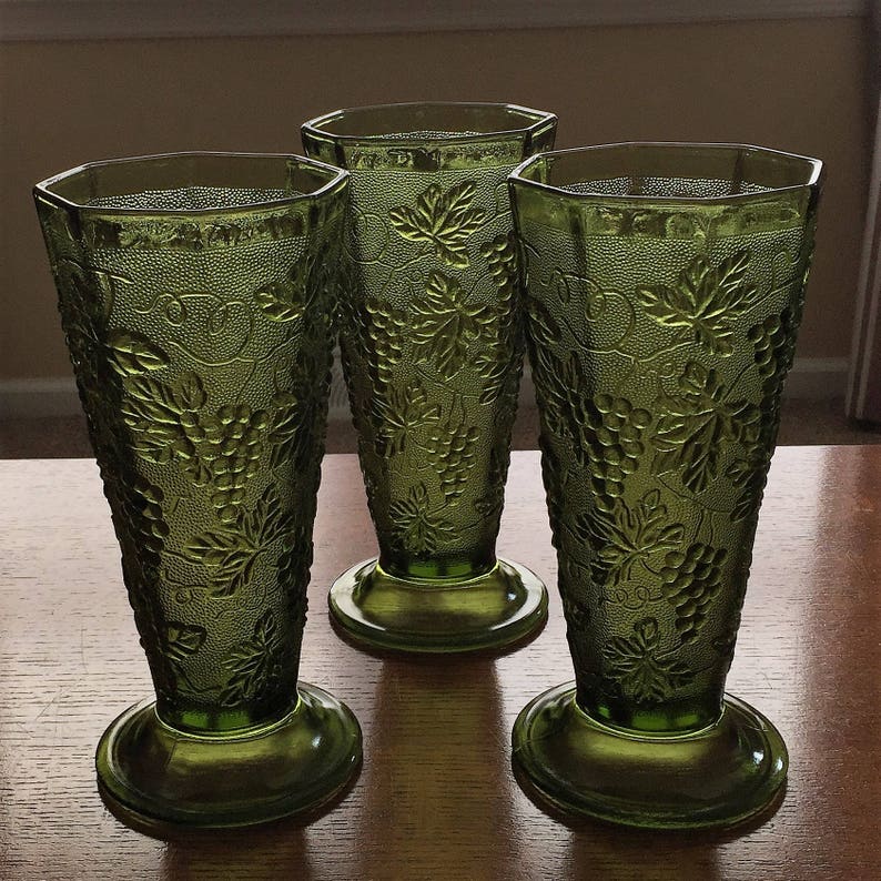 Three Vintage Tall Green Glass Vases Buy One Or Buy All At A Etsy