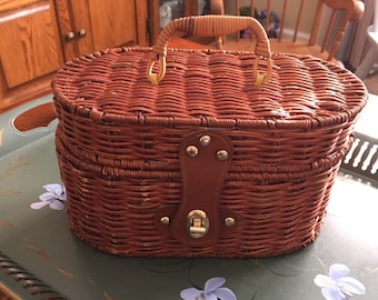 Vintage Adorable Wicker Picnic Basket Purse 1960's Red Gingham