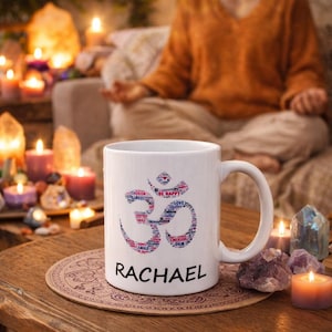 Ohm sign words  mug can be personalised with a name