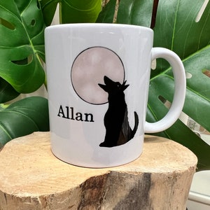 Wolf moon mug can be personalised with a name