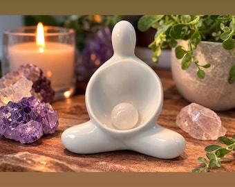 Stillness Being healing and meditation sculpture with crystal sphere. Handmade with crystals