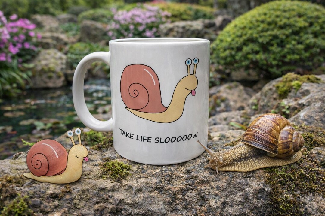 カタツムリのマグカップ「take life slow」は名前を刻印できます