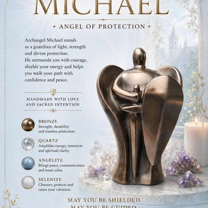Archangel Michael Bronze Sculpture: Angelic Energy Statue with Quartz