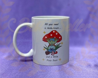 Pixie and toadstool mug can be personalised with a name