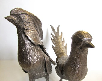 Vintage Heavy Silver Metal Peacock Pair Male & Female Bird Figurines.  /.MEMsArtShop