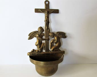 Unusual Rare Large Vintage French Brass Font Jesus Crucifix Angels Christ. /MEMsArtShop.