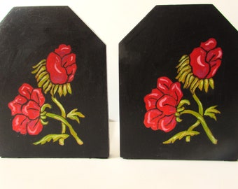 Vintage Painted Wood Book Ends With Metal Base - Showing Painted Flowers On Black Background. /MEMsArtShop.