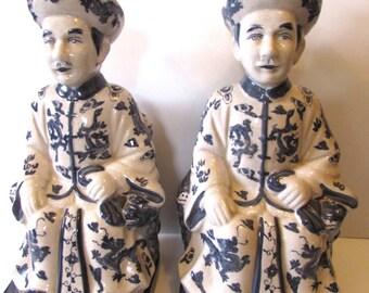 Antique/Vintage Chinese Statue Figurine - Painted Blue & White Crackle Glazed Finish - Each Figurine Sold Individually.