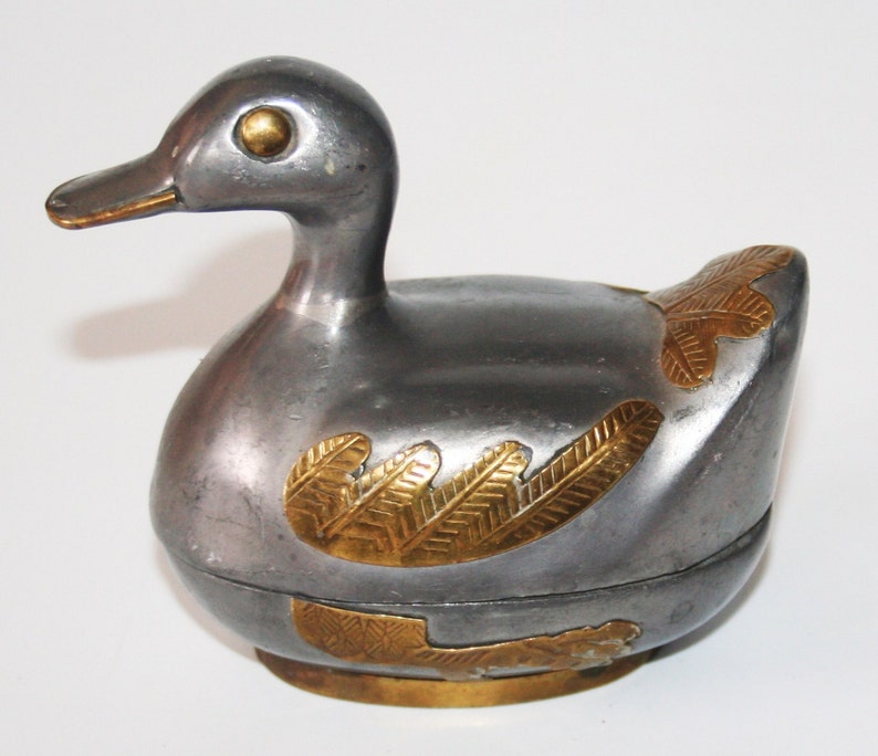 Vintage Pewter & Brass Duck Trinket Box Figurine Sculpture / Etsy