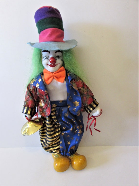 Ancien Automate Clown En Porcelaine – Vert – Musical – Objet De Collection