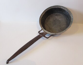 Unusual Antique Beaten Copper Cooking Pot/Saucepan With Long Caste Iron Handle Turned End - Super Hanging Display Item- Tin Lining.