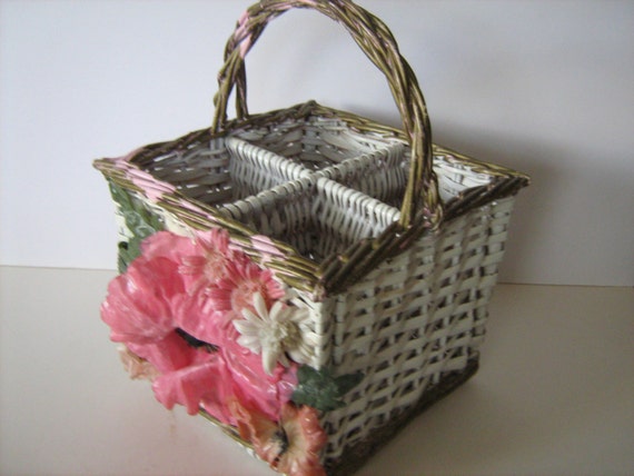 Woven Wicker Wine Bottle Basket With Large Plastic Flowers | Etsy