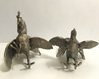 Vintage Silver Metal Peacock Pair Male & Female Bird Fighting Figurines - Made In Italy.  /.MEMsArtShop