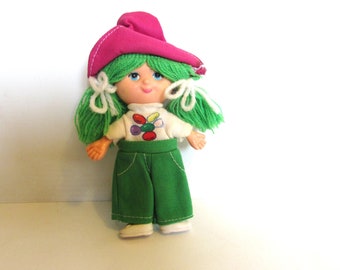 Vintage FLATSY DOLL With Green Wool Hair 1960's - 5 Inches High /MEMsArtShop.