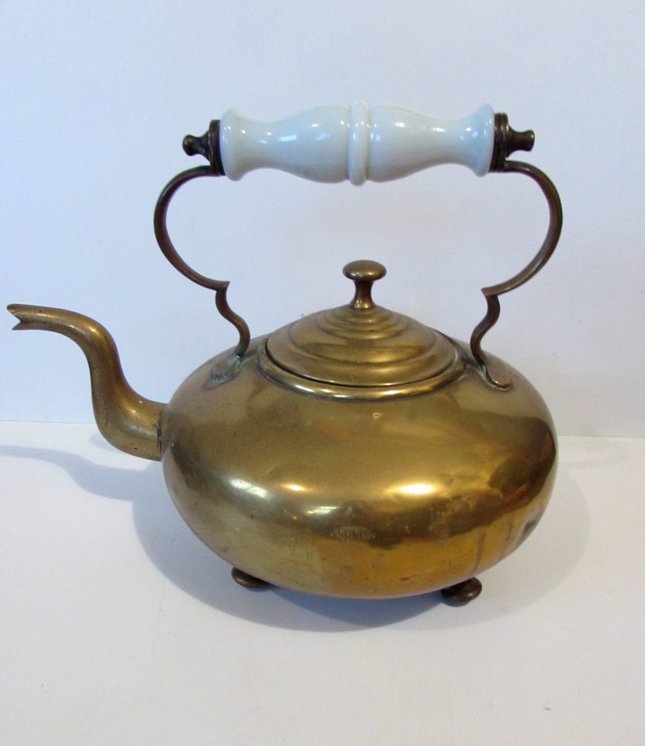 Antique/vintage Brass Kettle With White Glass Handle Etsy UK