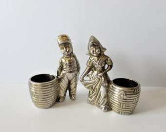 Vintage Pair Brass Metal Match Vesta Holders - Classic Dutch Boy & Dutch Girl - Made In England - Marker Marked.