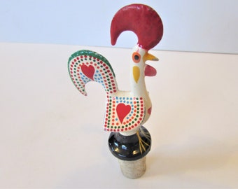 Vintage Painted Metal Cockeral Bird On Top Of A Cork Stopper - 4-1/2 Inches High.