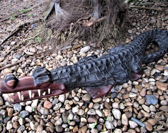 Very Large  Heavy African Hand Carved Wood Crocodile Sculpture  Figurine (Rare) /MEMsArtShop.