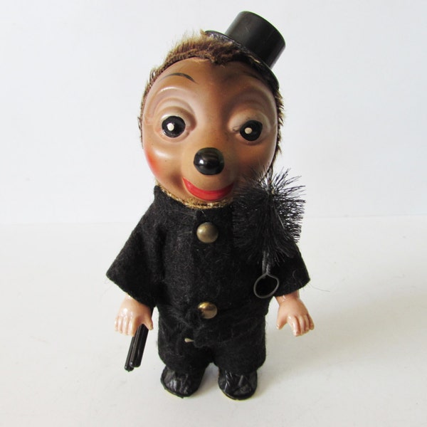 Wonderful Vintage Celluloid MECKI Worker HEDGEHOG Jointed Painted Doll Toy   /MEMsArtShop.