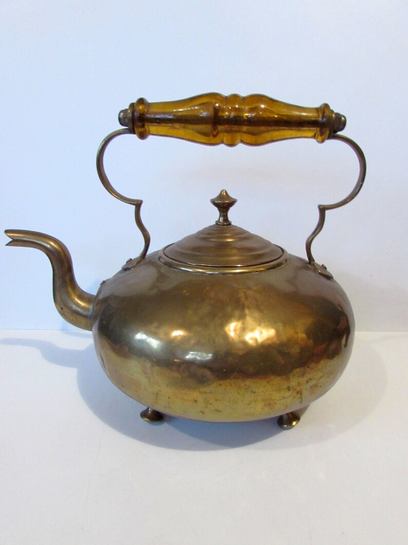 Antique/vintage Brass Kettle With Light Amber Glass Handle Etsy