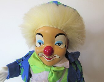 Vintage Porcelain Clown White Hair And Painted Face With Bow Tie And gree/blue Clown Outfit - Collectors Doll 13"