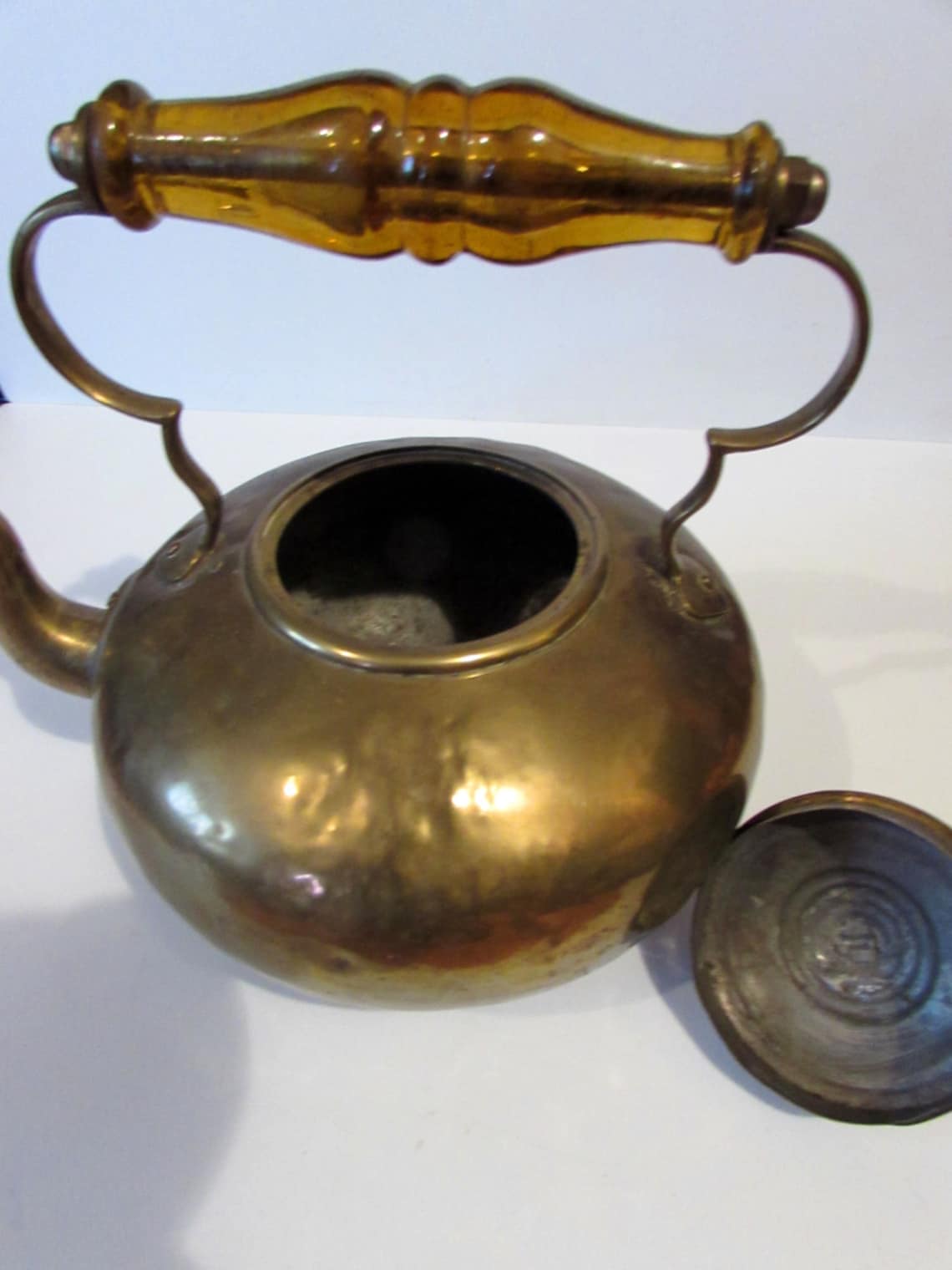 Antique/vintage Brass Kettle With Light Amber Glass Handle Etsy